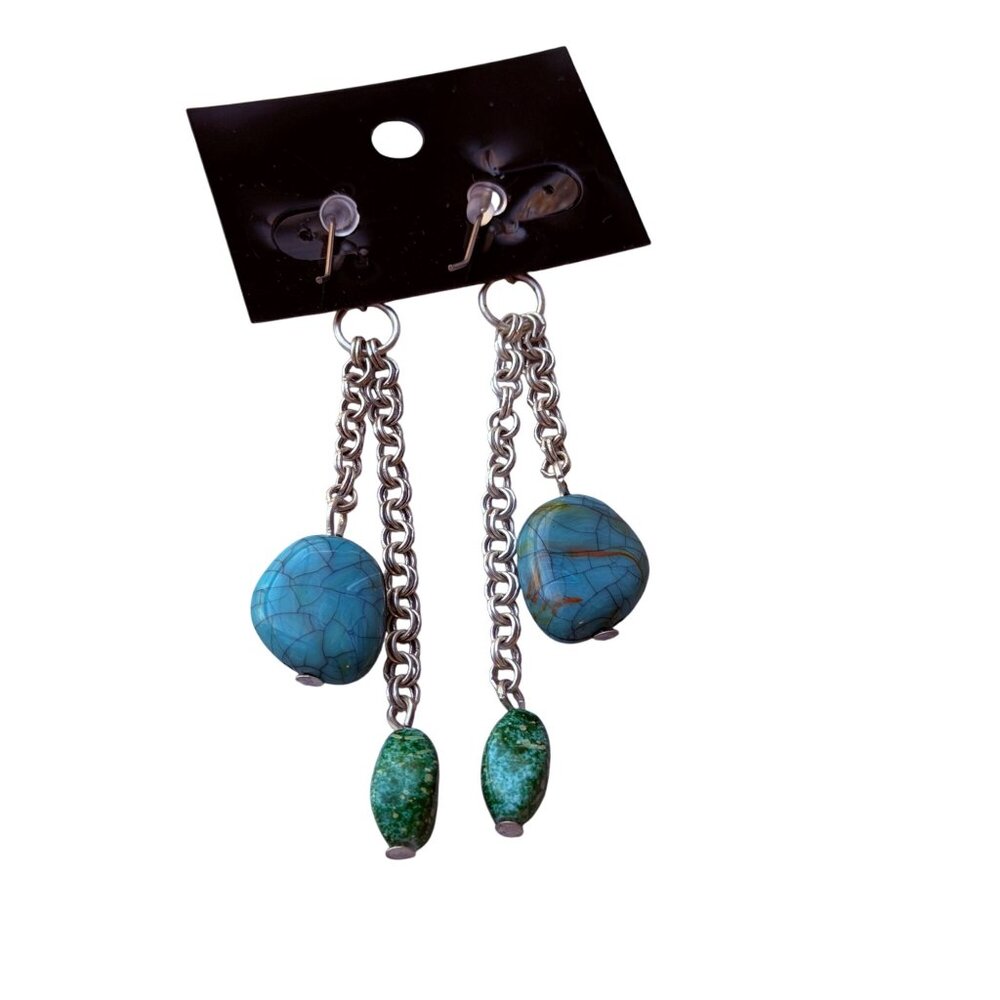 Chico's Vintage Y2K Turquoise Green Stone Chain Earrings Long Boho Dangles NOS - Picture 3 of 4